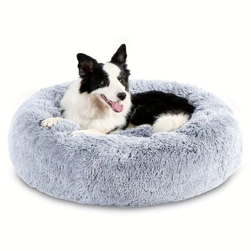 Dog Donut Bed - Fluffy - Large - Light Grey - Pet Wipes & Poo Bags