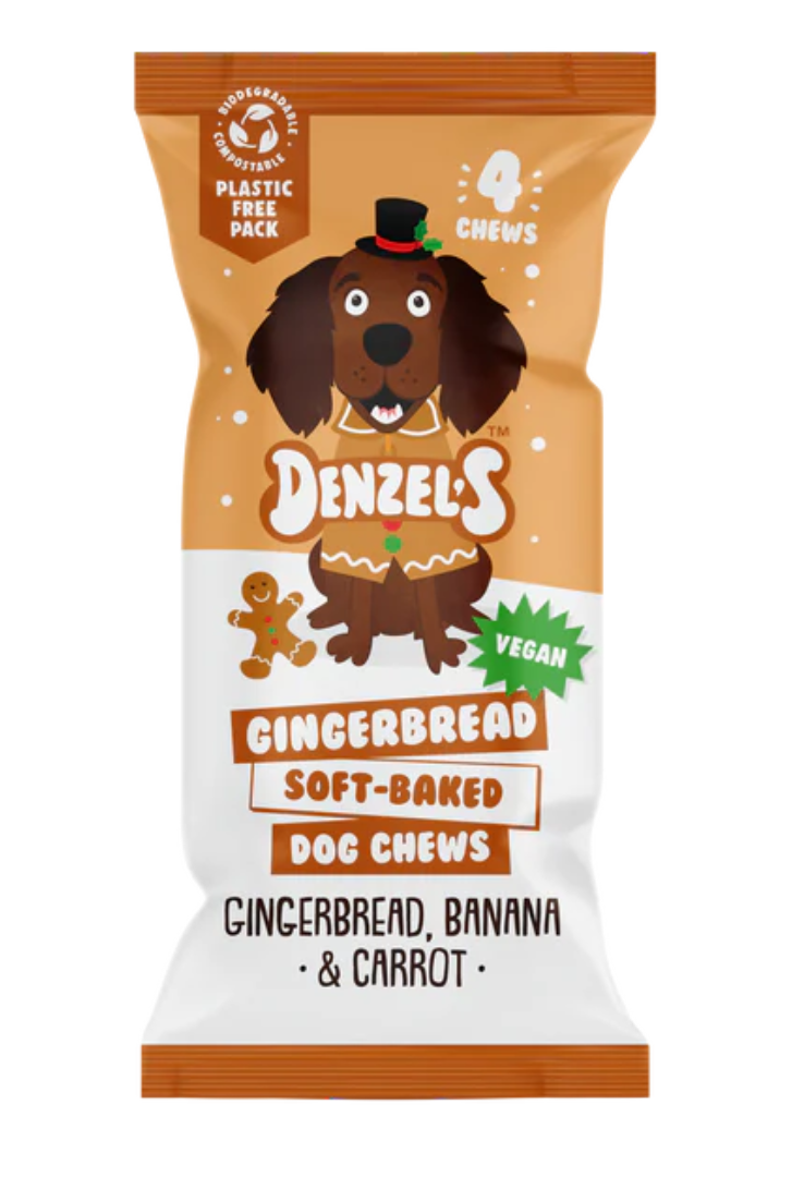 Denzel's Vegan Dog Chews - Gingerbread, Soft-baked - Gingerbread, Banana & Carrot - 50g - x2PACKS - Pet Wipes & Poo Bags