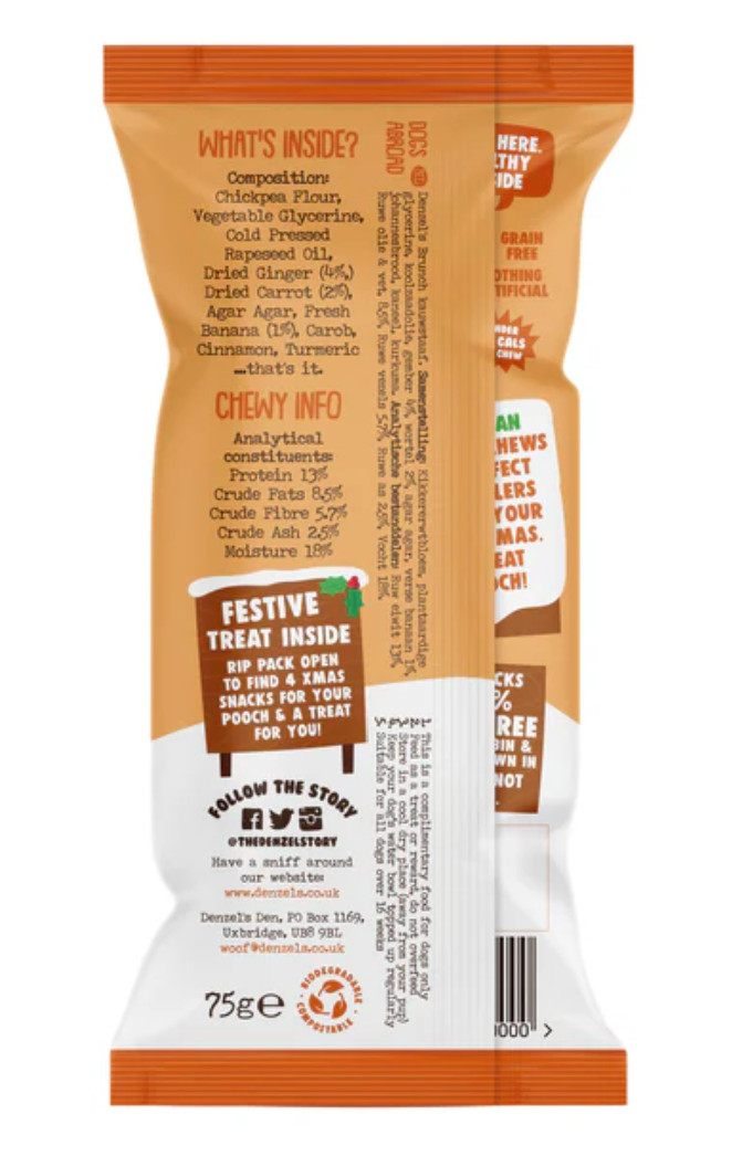 Denzel's Vegan Dog Chews - Gingerbread, Soft-baked - Gingerbread, Banana & Carrot - 50g - x2PACKS